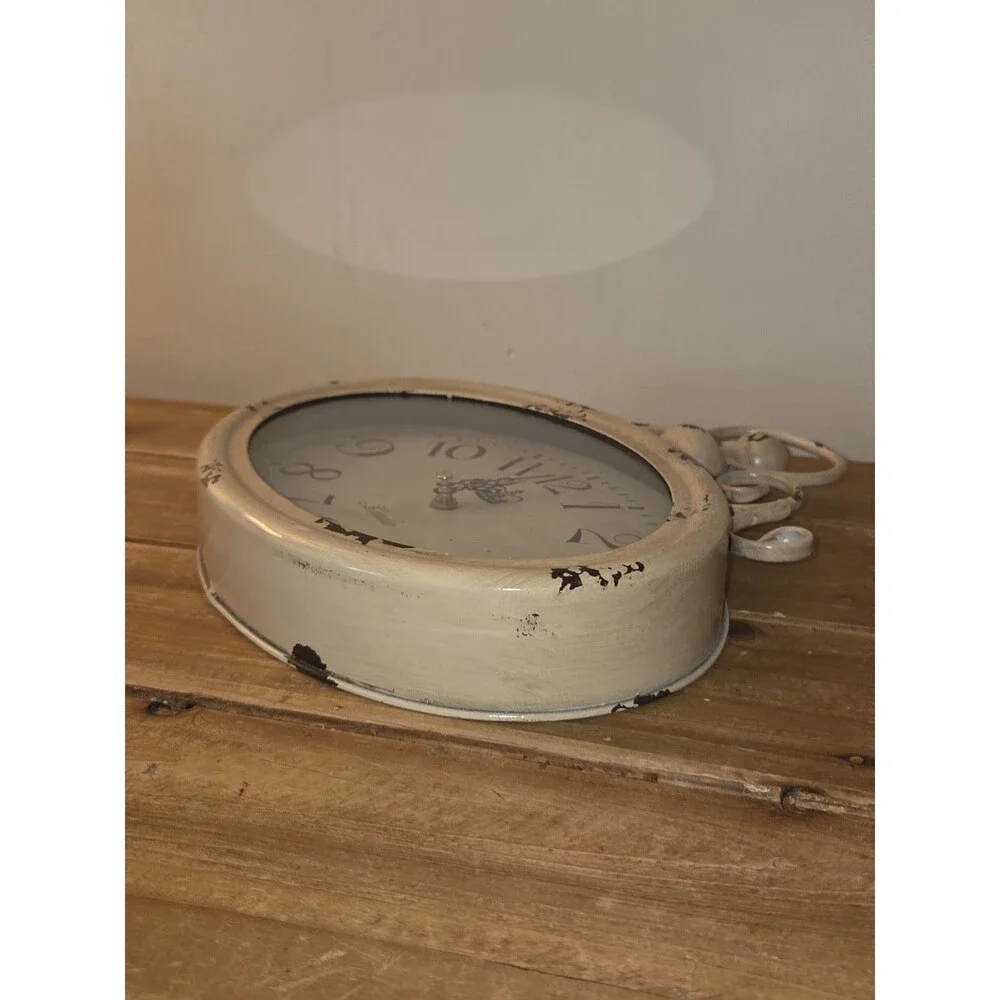 Vintage Style London Oval Wall Clock Distressed Cream White Metal Shabby Chic